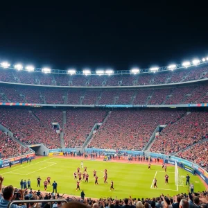 Fans showing support in a football stadium for Ole Miss football team.