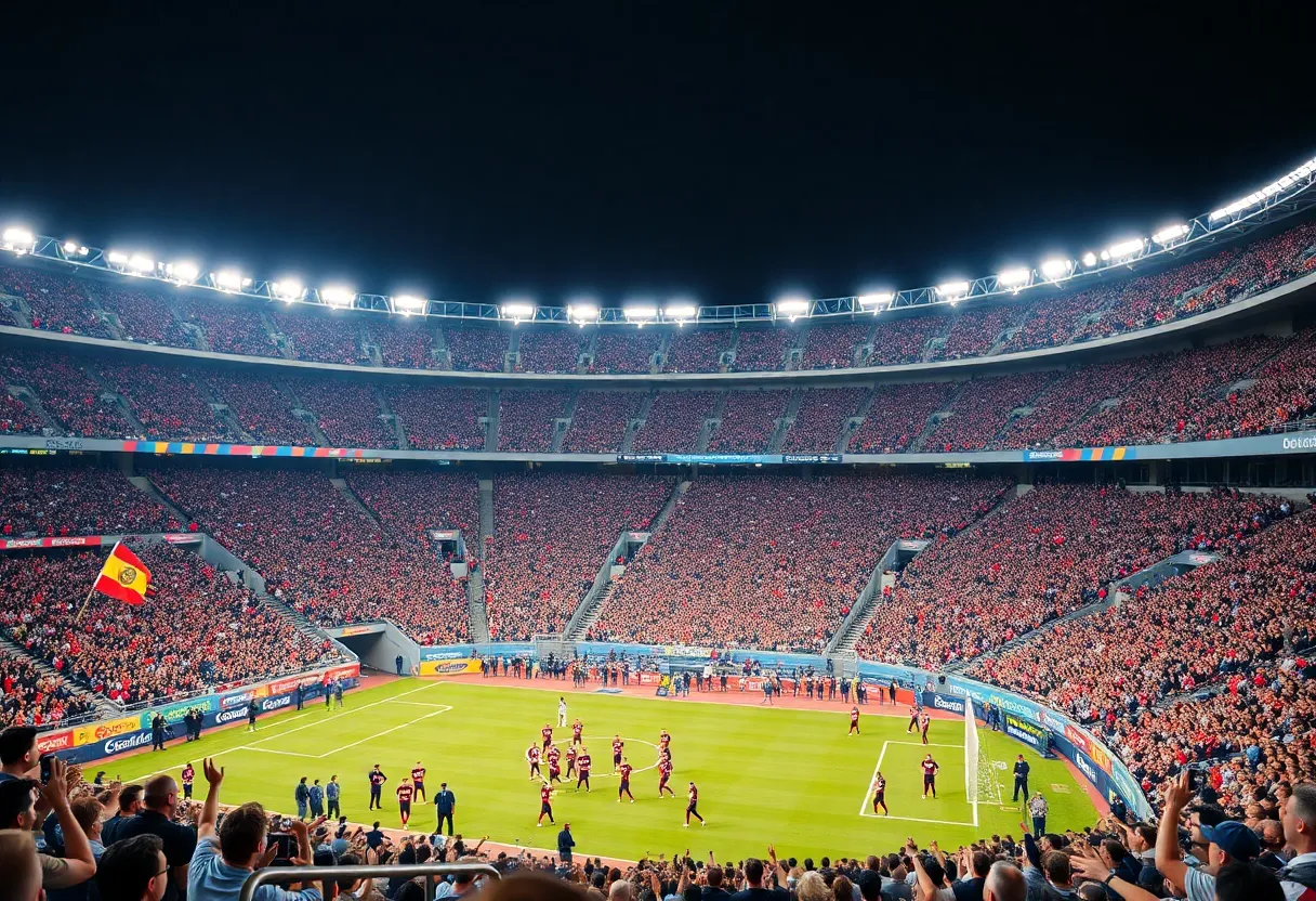 Fans showing support in a football stadium for Ole Miss football team.