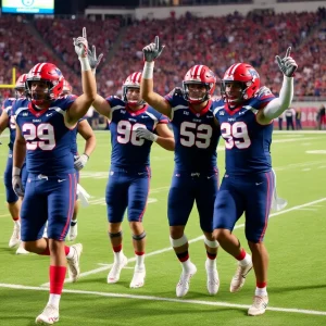 Ole Miss football team celebrating after a victory