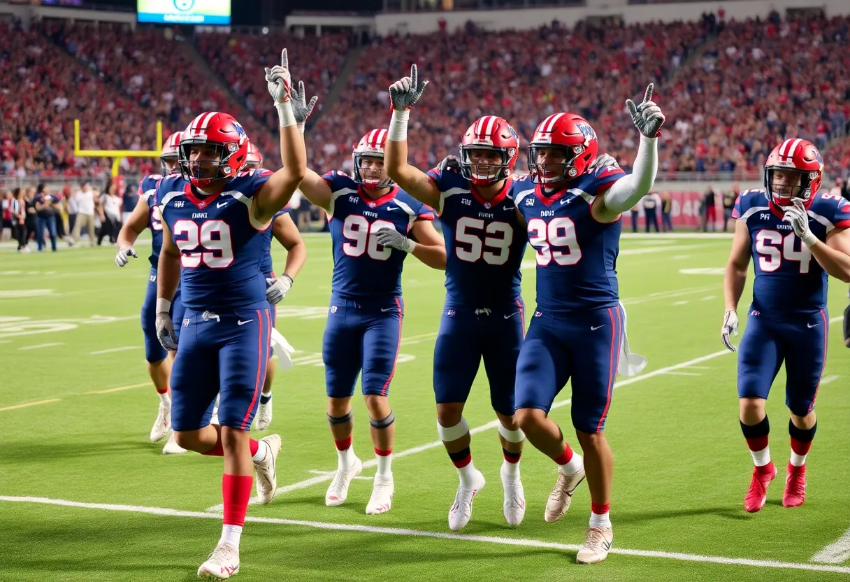 Ole Miss football team celebrating after a victory