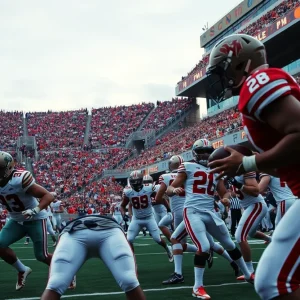 Ole Miss football players celebrating their narrow victory against Washington State.