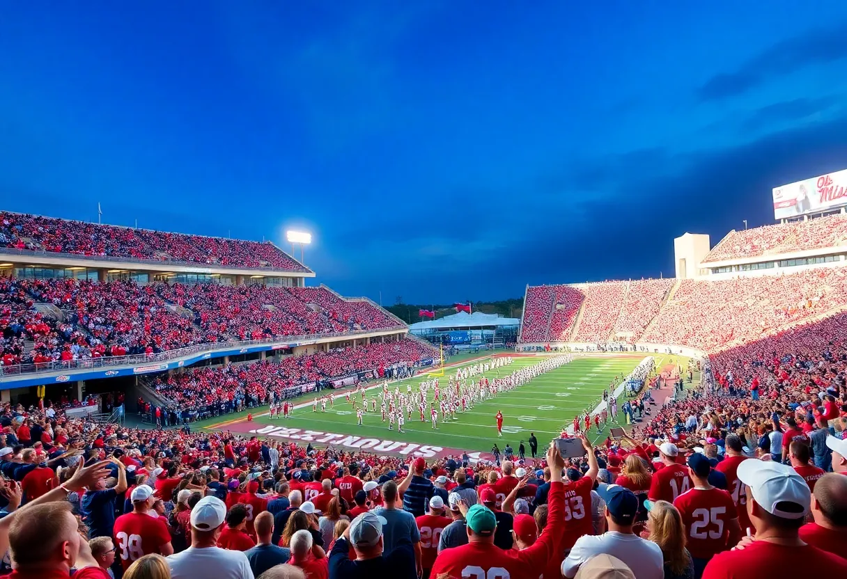 Excited fans cheering for the Ole Miss Rebels during a football game