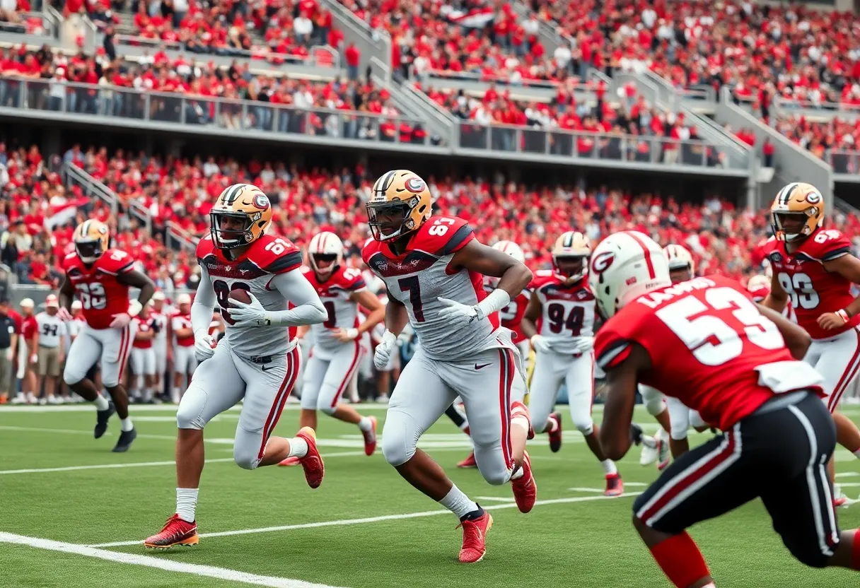 Ole Miss football players competing against Georgia in a thrilling SEC matchup.