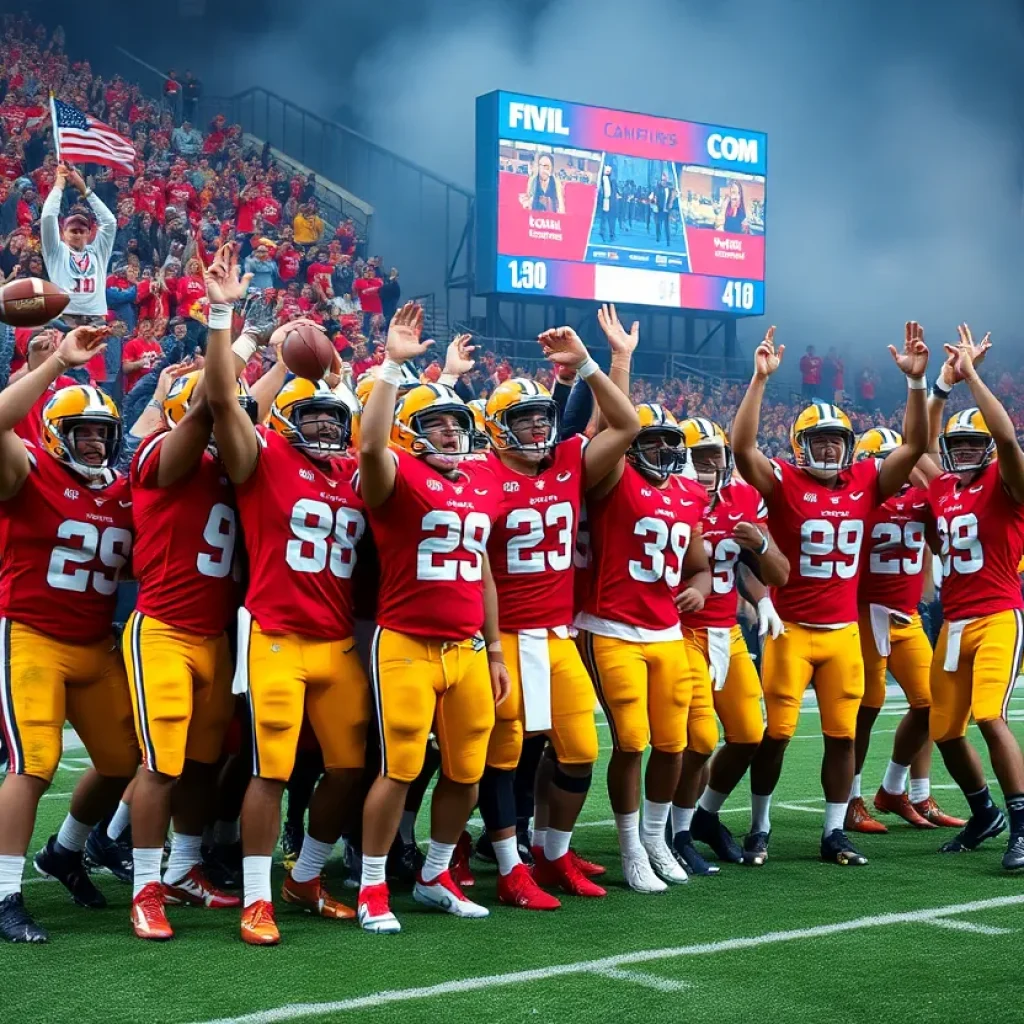 Oxford Chargers players celebrating a comeback victory on the football field.