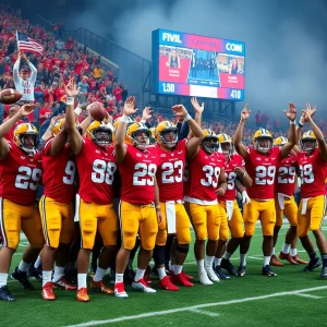 Oxford Chargers players celebrating a comeback victory on the football field.