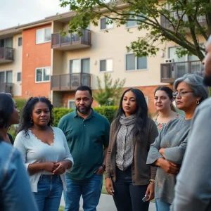 Community members discussing domestic violence awareness near apartment complex