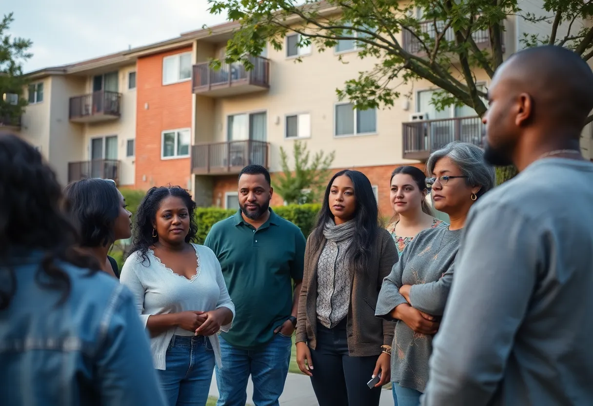 Community members discussing domestic violence awareness near apartment complex