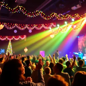 Audience enjoying Robert Earl Keen's holiday concert with festive decorations.