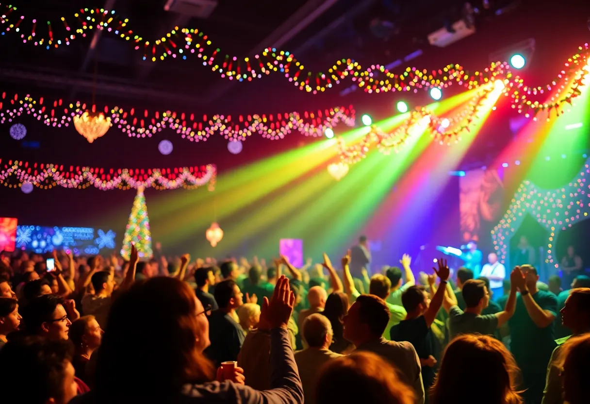 Audience enjoying Robert Earl Keen's holiday concert with festive decorations.