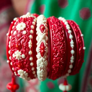 A collection of shakha and pola bangles representing Bengali tradition.