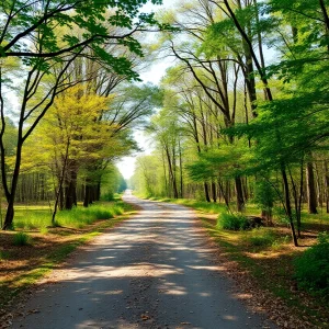 A view of the South Campus Rail Trail with greenery and a gravel path.
