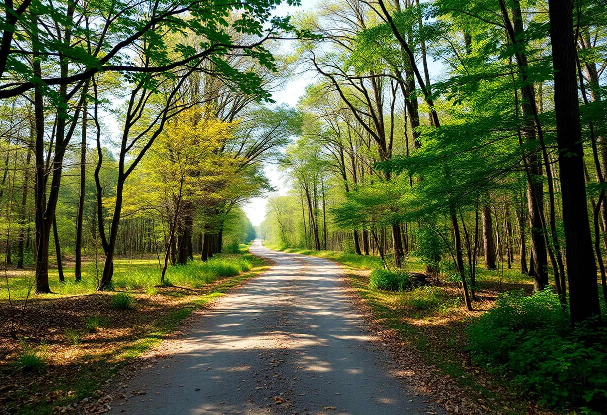 A view of the South Campus Rail Trail with greenery and a gravel path.