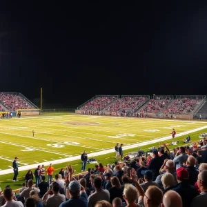 High school football game in the Southeast region with fans cheering.