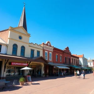 A vibrant southern town square showcasing historic buildings and local shops.