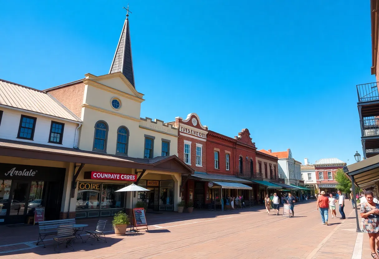 A vibrant southern town square showcasing historic buildings and local shops.