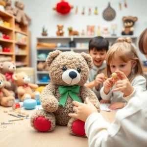 A child crafting a bear in a toy workshop