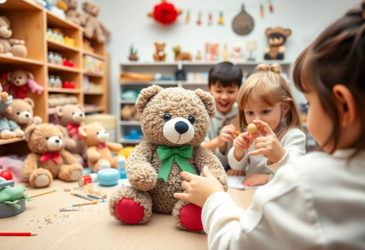 A child crafting a bear in a toy workshop