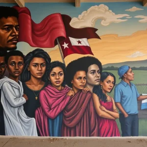 Mural depicting various tragedy victims with a focus on community reactions and artistic expression.