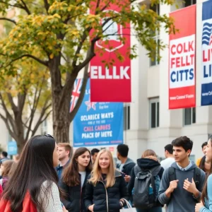 Students attending a political event on a college campus.