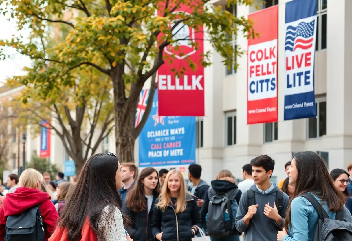 Students attending a political event on a college campus.