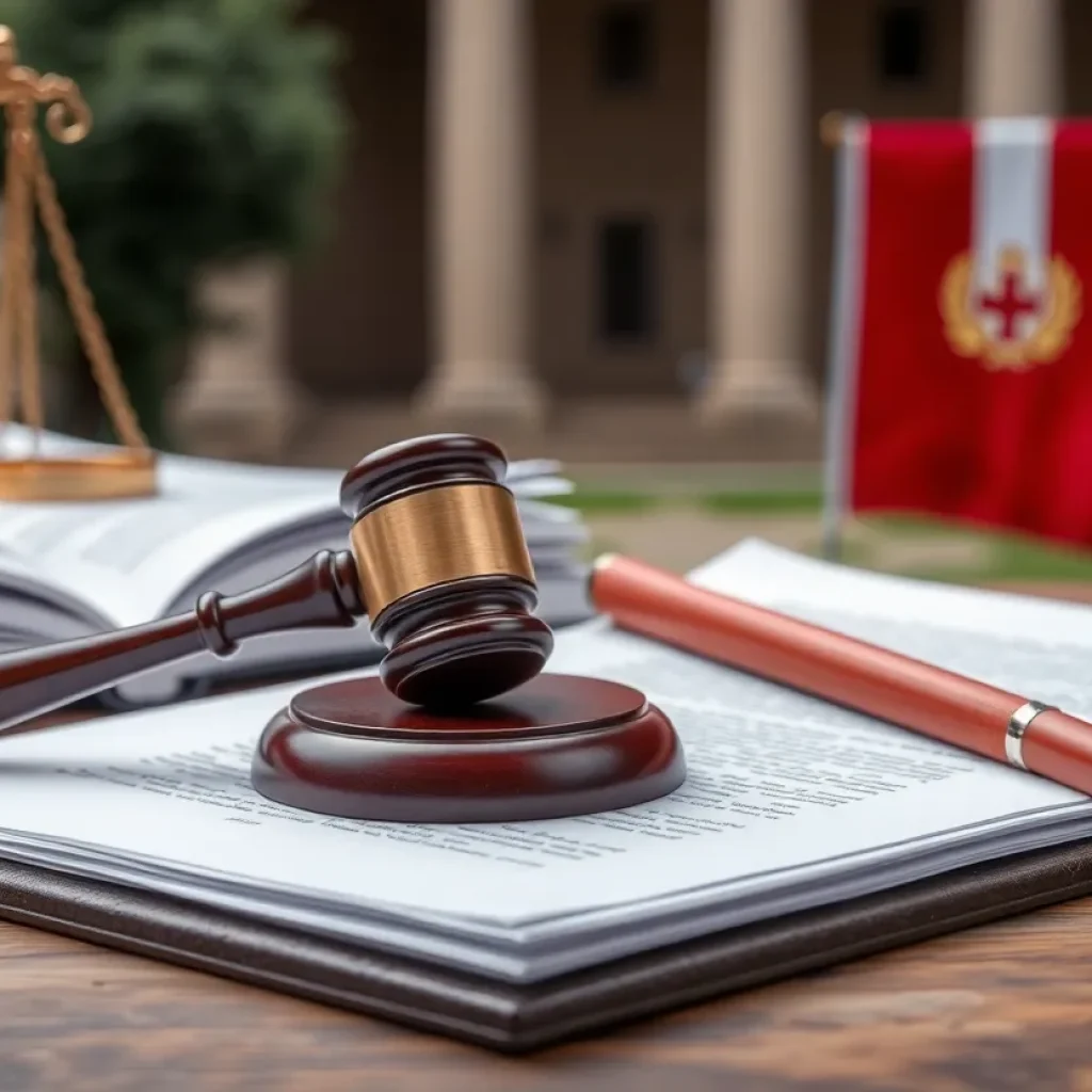 Legal documents and gavel related to a university lawsuit