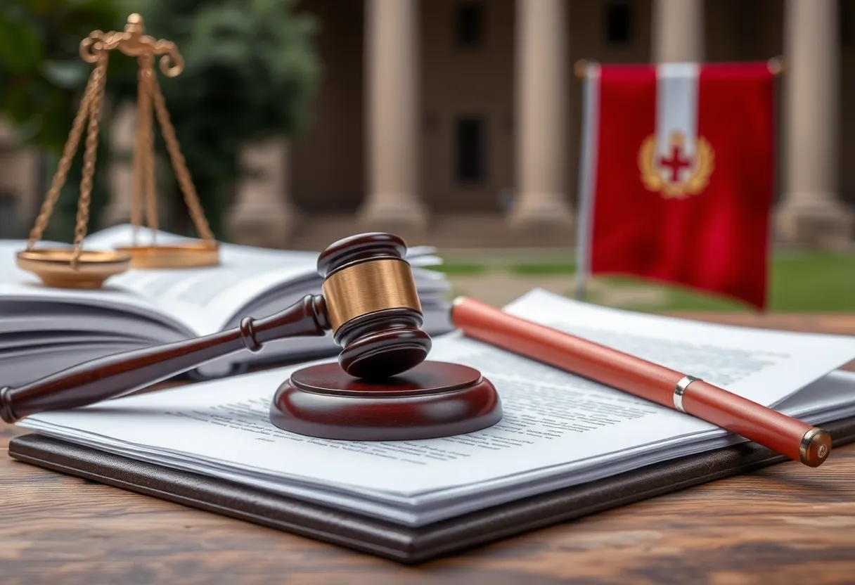 Legal documents and gavel related to a university lawsuit