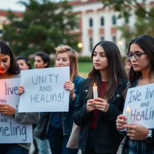 Students holding candles at a vigil for unity